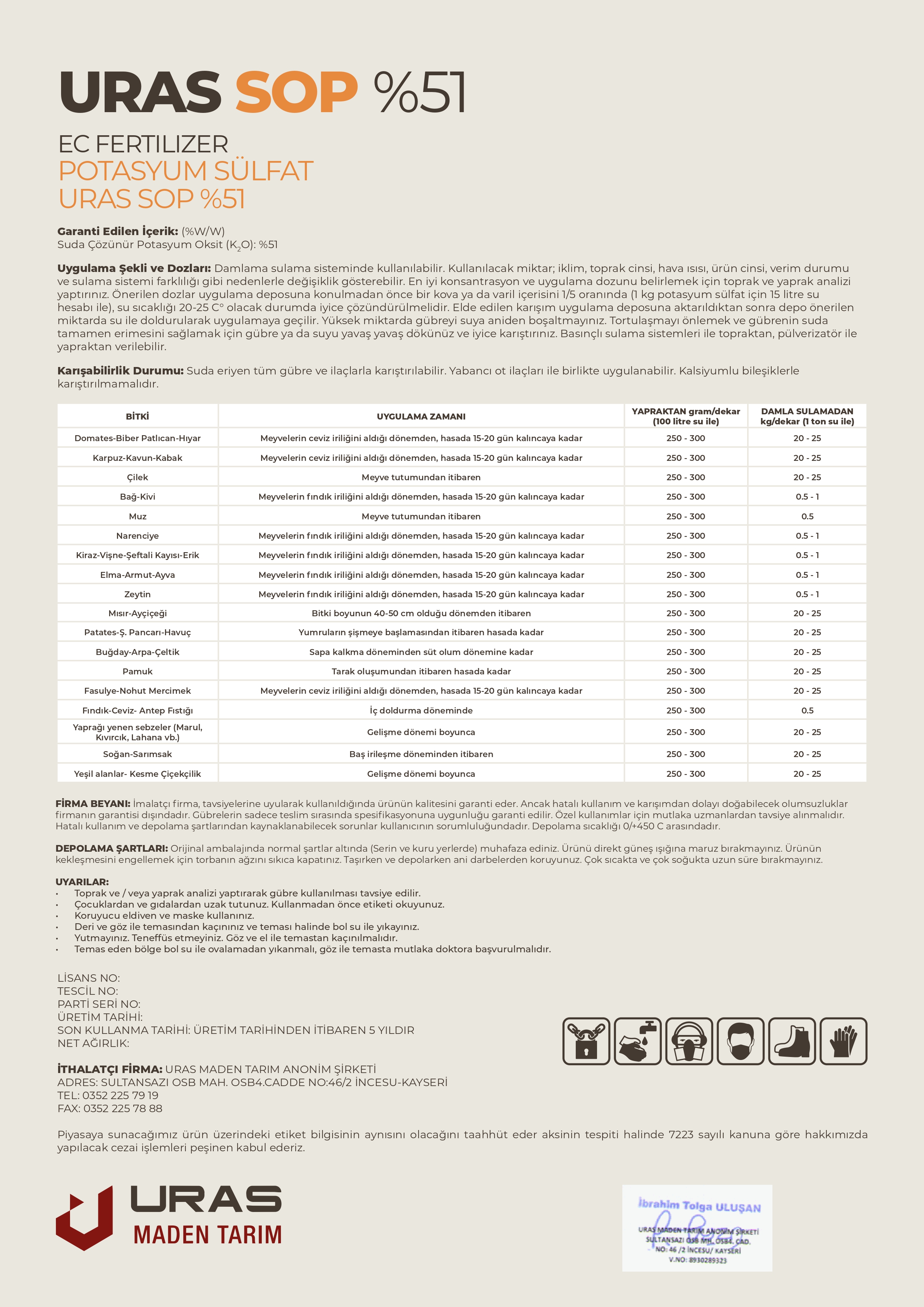Uras SOP Ürün Etiketi Arka Yüz